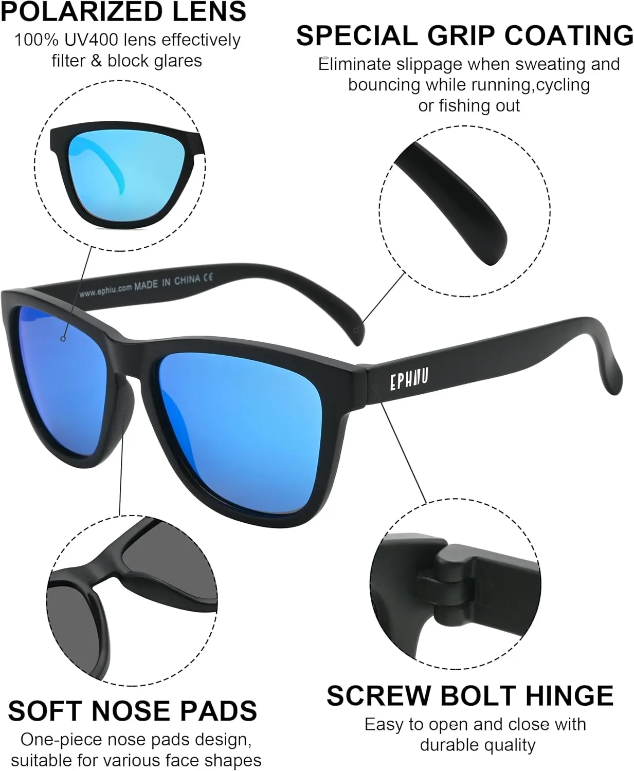 EPHIU Polarized Sports Sunglasses for Men & Women – UV400 No Slip No Bounce Mirror Lenses for Running/Cycling/Hiking