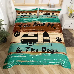 Erosebridal Cute Camping Bedding,Queen for Boys Teens Girls Happy Camping Comforter Cover, Farmhouse Rustic Bedding for Children Women Men and Dog Duvet Cover Rv Decoration
