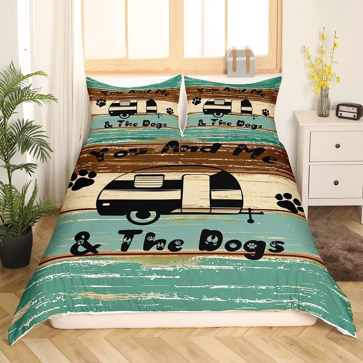 Erosebridal Cute Camping Bedding,Queen for Boys Teens Girls Happy Camping Comforter Cover, Farmhouse Rustic Bedding for Children Women Men and Dog Duvet Cover Rv Decoration