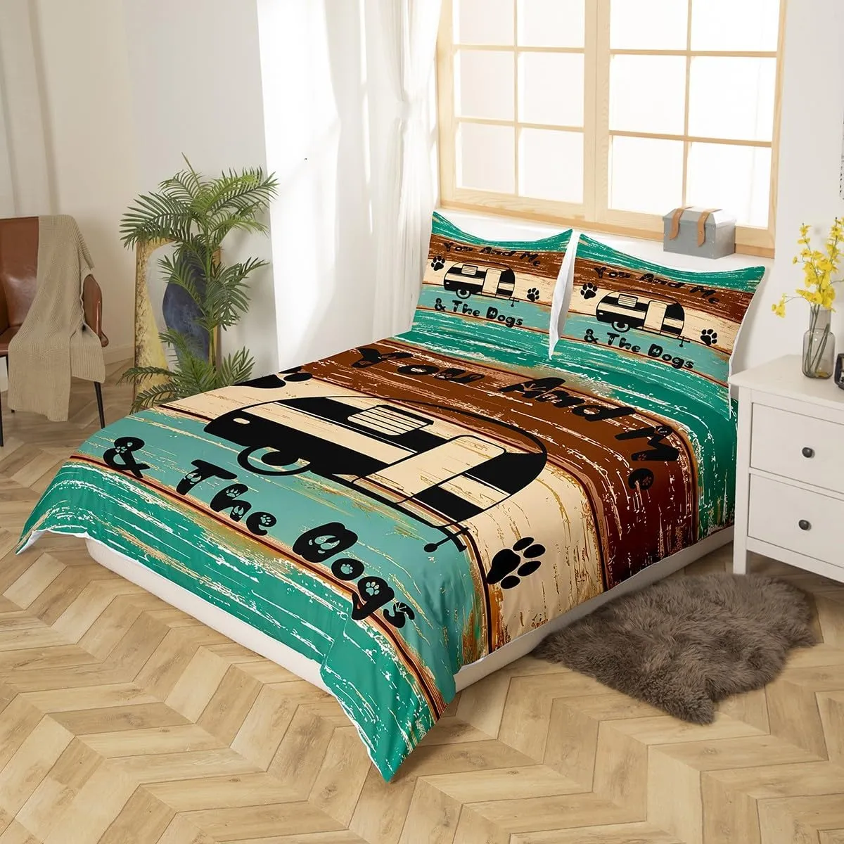 Erosebridal Cute Camping Bedding,Queen for Boys Teens Girls Happy Camping Comforter Cover, Farmhouse Rustic Bedding for Children Women Men and Dog Duvet Cover Rv Decoration