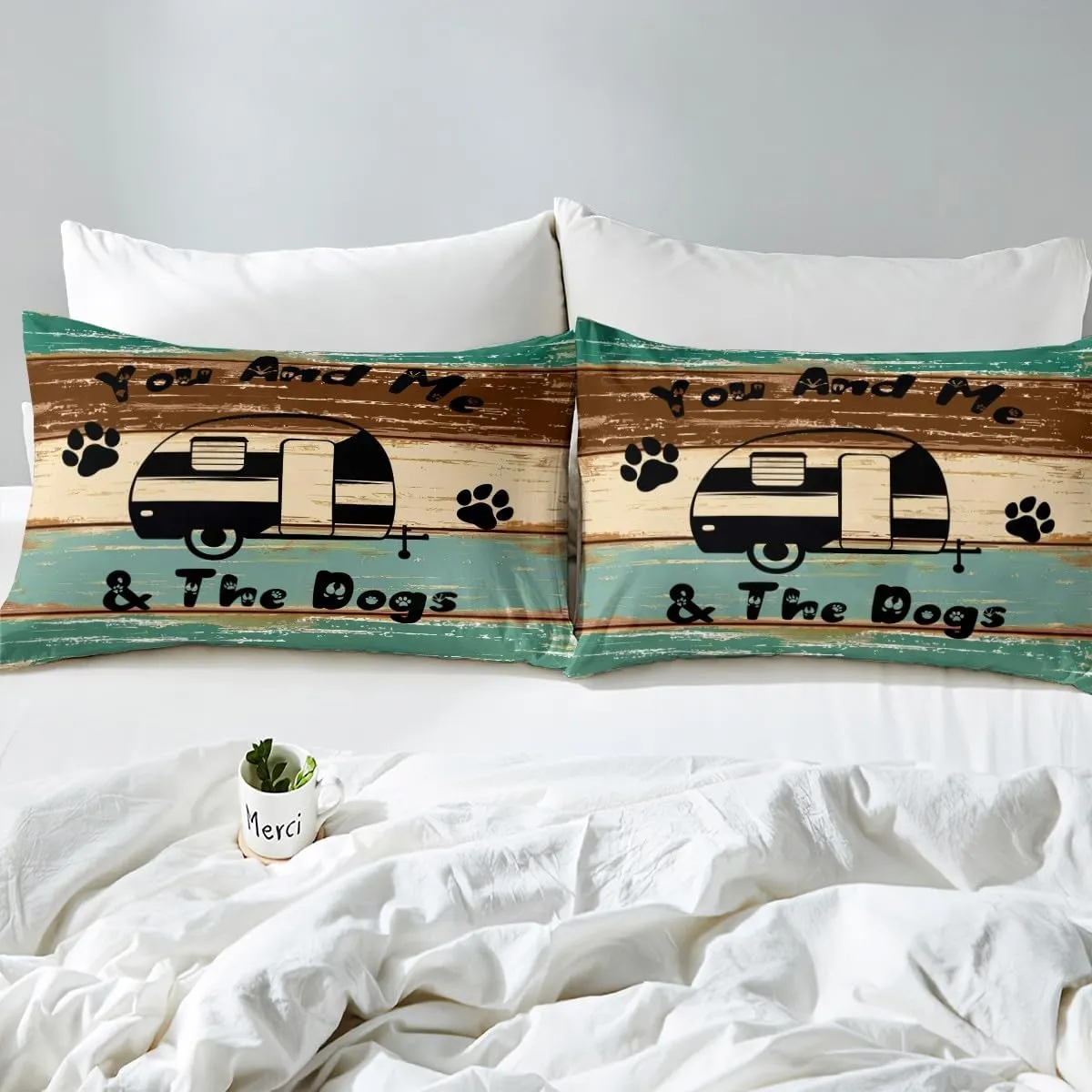 Erosebridal Cute Camping Bedding,Queen for Boys Teens Girls Happy Camping Comforter Cover, Farmhouse Rustic Bedding for Children Women Men and Dog Duvet Cover Rv Decoration