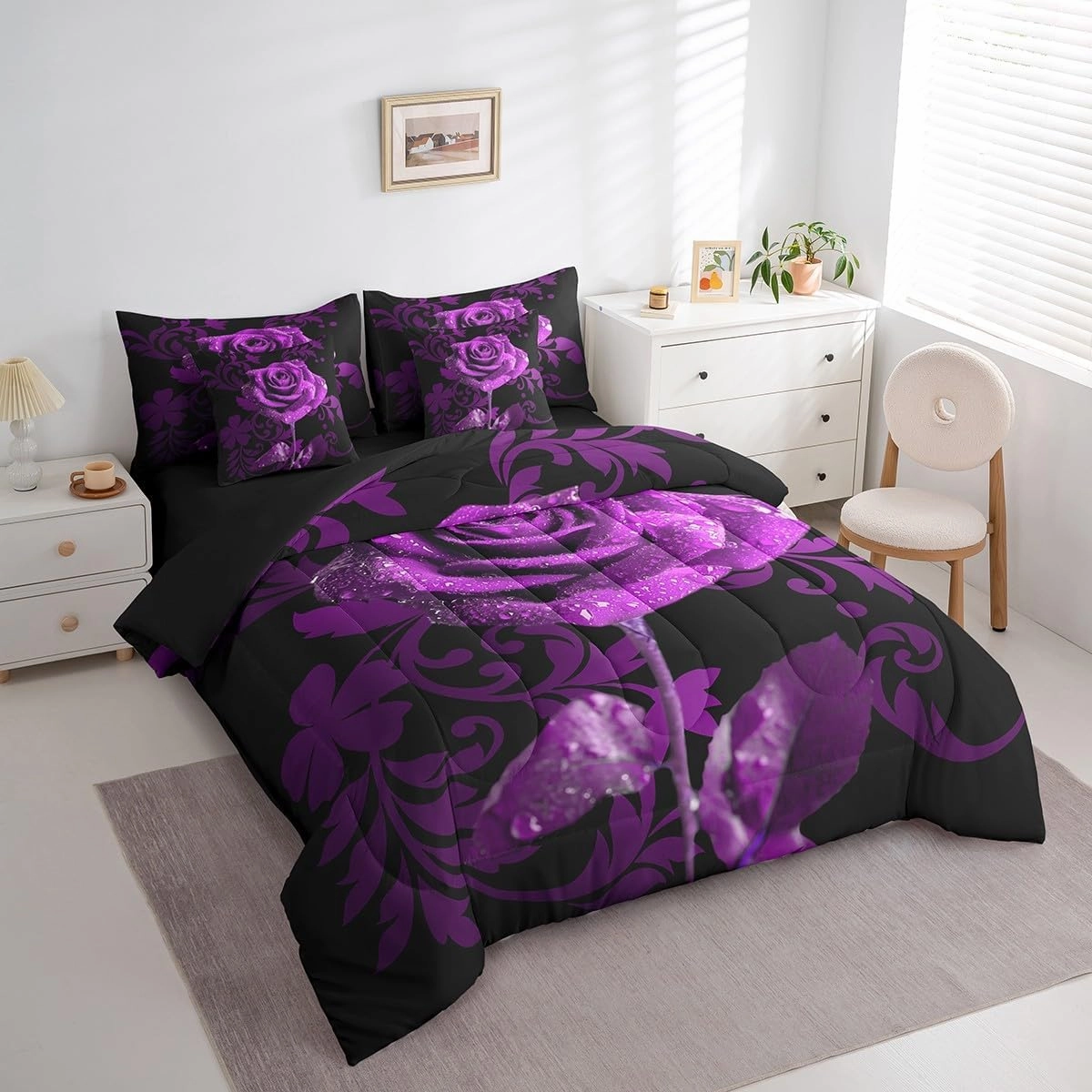 Erosebridal 7Pcs Purple Rose Women Bedding Set for Men,Full Size Comforter Set with Sheets and Pillowcase,7Pcs Bed in a Bag,Romantic Children Bed Set,Wedding Anniversary Comforter