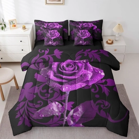Erosebridal 7Pcs Purple Rose Women Bedding Set for Men,Full Size Comforter Set with Sheets and Pillowcase,7Pcs Bed in a Bag,Romantic Children Bed Set,Wedding Anniversary Comforter