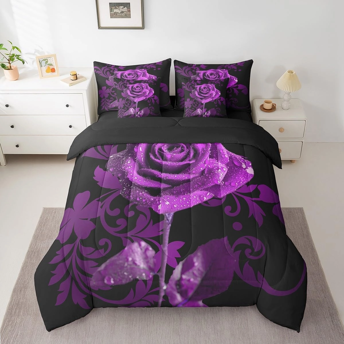 Erosebridal 7Pcs Purple Rose Women Bedding Set for Men,Full Size Comforter Set with Sheets and Pillowcase,7Pcs Bed in a Bag,Romantic Children Bed Set,Wedding Anniversary Comforter