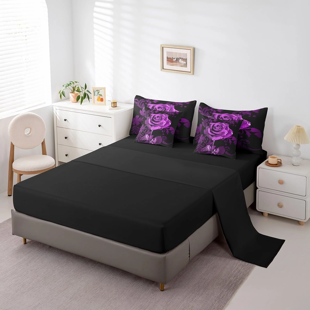 Erosebridal 7Pcs Purple Rose Women Bedding Set for Men,Full Size Comforter Set with Sheets and Pillowcase,7Pcs Bed in a Bag,Romantic Children Bed Set,Wedding Anniversary Comforter