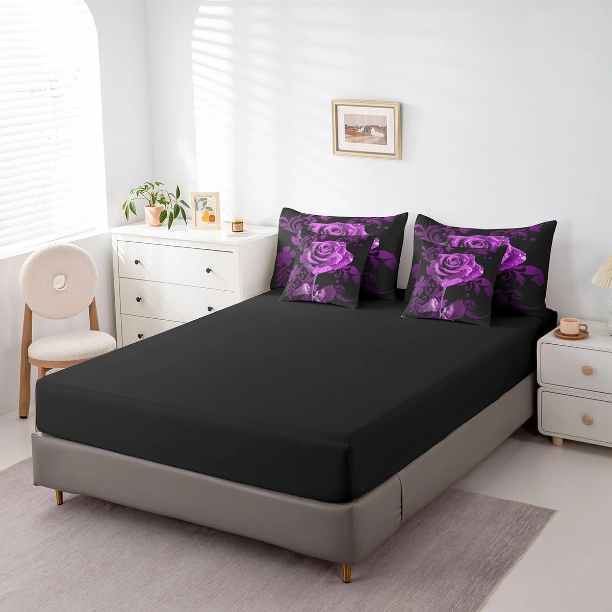 Erosebridal 7Pcs Purple Rose Women Bedding Set for Men,Full Size Comforter Set with Sheets and Pillowcase,7Pcs Bed in a Bag,Romantic Children Bed Set,Wedding Anniversary Comforter