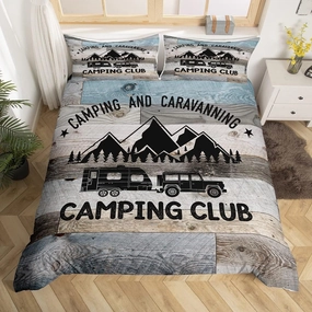 Erosebridal Happy Camping Comforter Cover 3 Pieces,Old Barn Door Duvet Cover for Boys Teens Men Camping Bedding Queen Size,Vintage Rustic Farmhouse Style Bedding Ultra Soft Microfiber