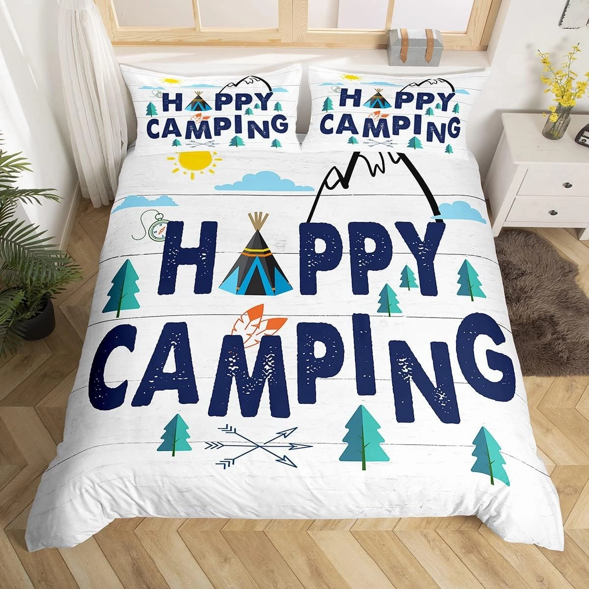 Erosebridal Rustic Home Bedding - Happy Camping Comforter & Duvet Cover for Queen Size Bed - Farmhouse Decor - Includes 2 Pillowcases