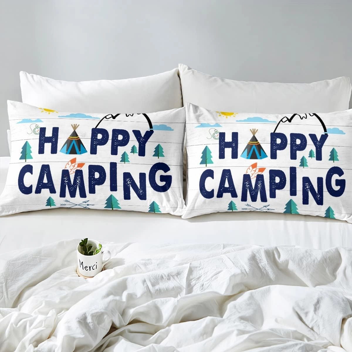 Erosebridal Rustic Home Bedding - Happy Camping Comforter & Duvet Cover for Queen Size Bed - Farmhouse Decor - Includes 2 Pillowcases