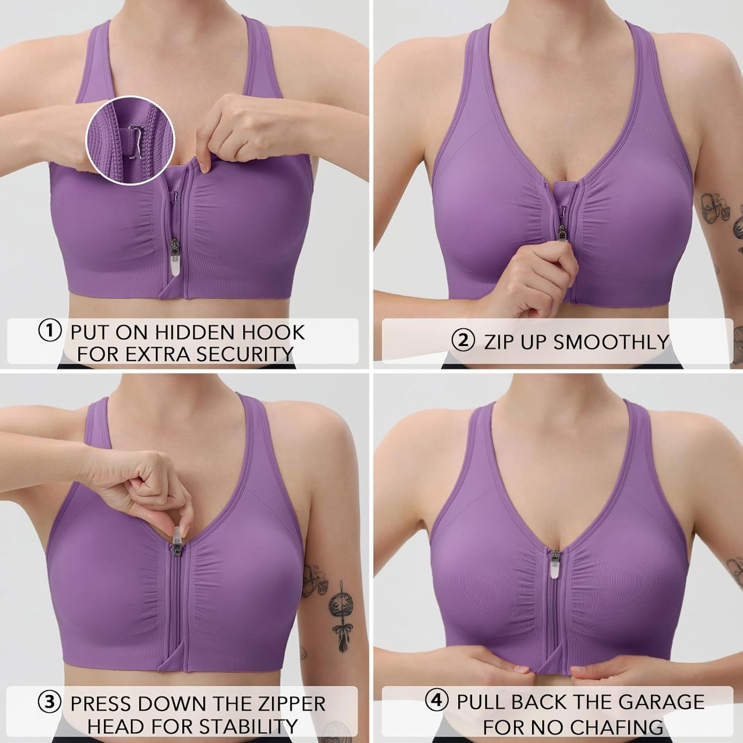 Evercute Women's Zip Front Sports Bras Wireless Padded Racerback Medium Support Post-Surgery Bra Yoga Exercise Athletic Bras