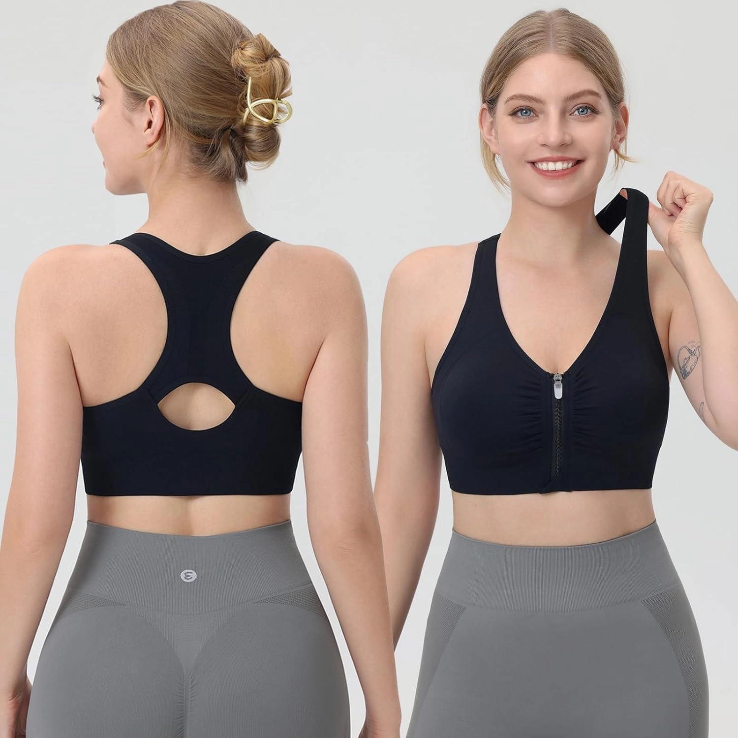 Evercute Women's Zip Front Sports Bras Wireless Padded Racerback Medium Support Post-Surgery Bra Yoga Exercise Athletic Bras