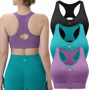 Evercute Women's Zip Front Sports Bras Wireless Padded Racerback Medium Support Post-Surgery Bra Yoga Exercise Athletic Bras