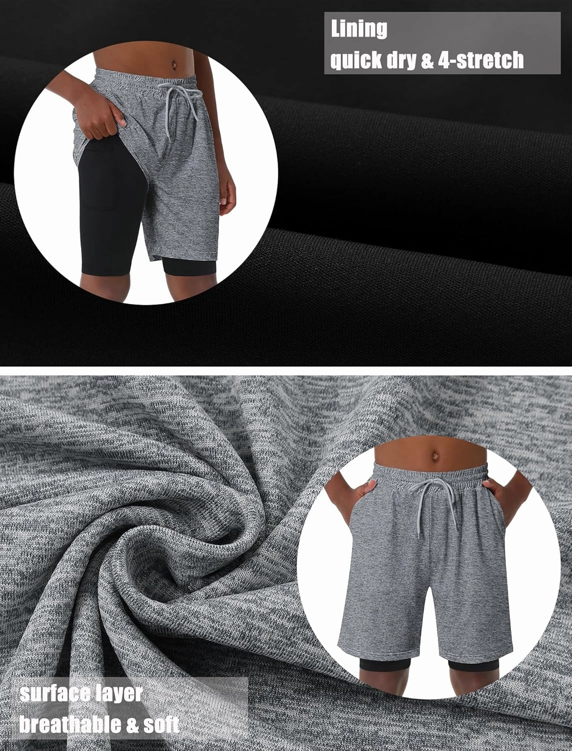 EXARUS Boys Athletic Shorts 4"/6" Quick Dry Lightweight Adjustable Elastic Waist Pockets Basketball Soccer Running