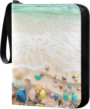 Exnundod 4 Pocket Trading Card Binder Summer Sea Water PU Leather Card Collection Binder Beach Colorful Seashell Sports Card Binder 400 Cards Organizer Trading Card Albums for Cards