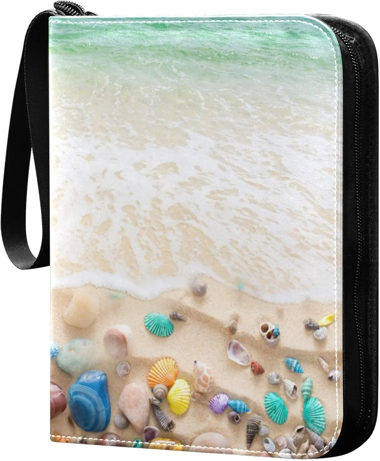 Exnundod 4 Pocket Trading Card Binder Summer Sea Water PU Leather Card Collection Binder Beach Colorful Seashell Sports Card Binder 400 Cards Organizer Trading Card Albums for Cards