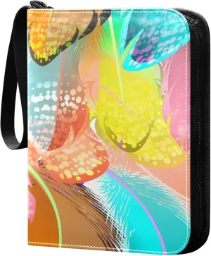 Exnundod Colorful Feather Print Trading Card Binder for Cards, Card Album 4-Pockets for 400 Cards with Removable Sleeves PU Baseball Card Holder Football Sports Card Collection