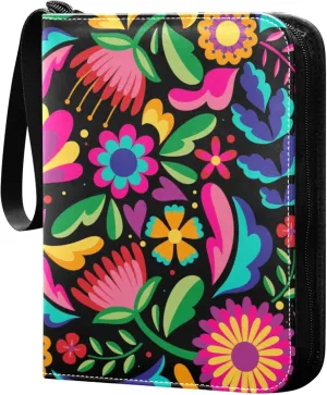 Exnundod Colorful Floral Embroidery Mexican Background Design Trading Card Binder for Cards, Ethnic Card Album 4-Pockets for 400 Cards with Removable Sleeves PU Baseball Card Holder Fo
