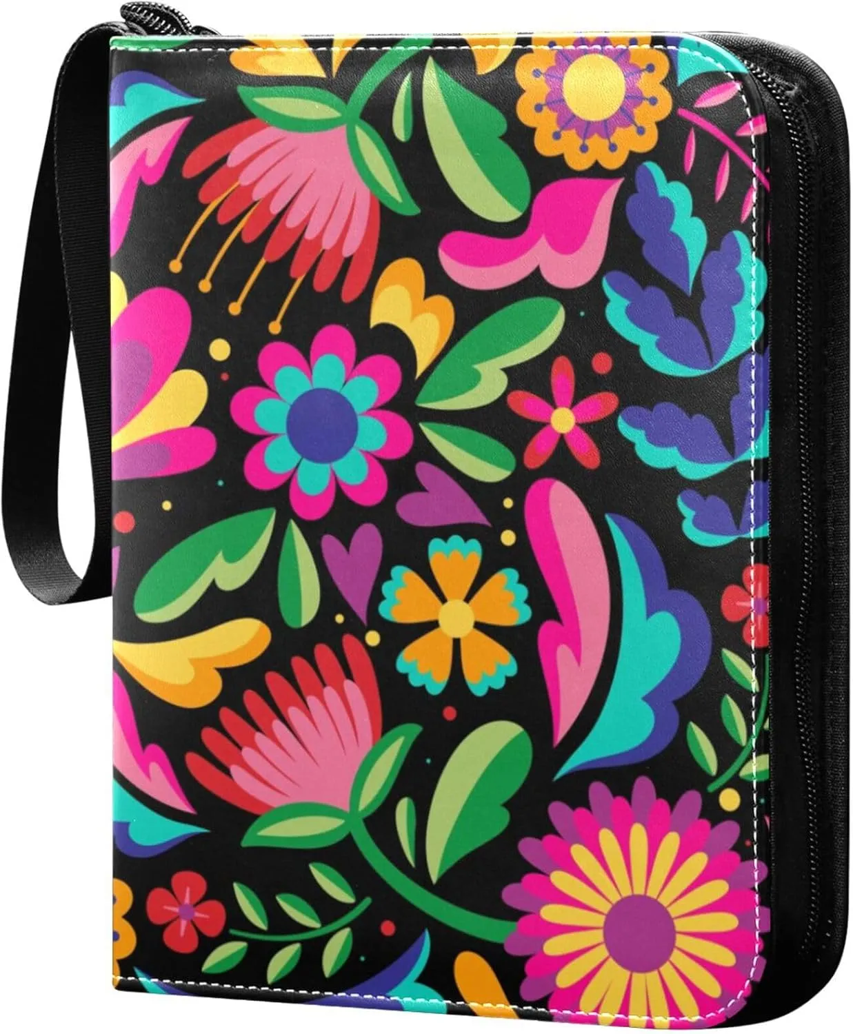 Exnundod Colorful Floral Embroidery Mexican Background Design Trading Card Binder for Cards, Ethnic Card Album 4-Pockets for 400 Cards with Removable Sleeves PU Baseball Card Holder Fo