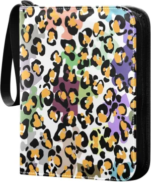 Exnundod Colorful Leopard Skin Pattern Trading Card Binder for Cards, Card Album 4-Pockets for 400 Cards with Removable Sleeves PU Baseball Card Holder Football Sports Card Collection