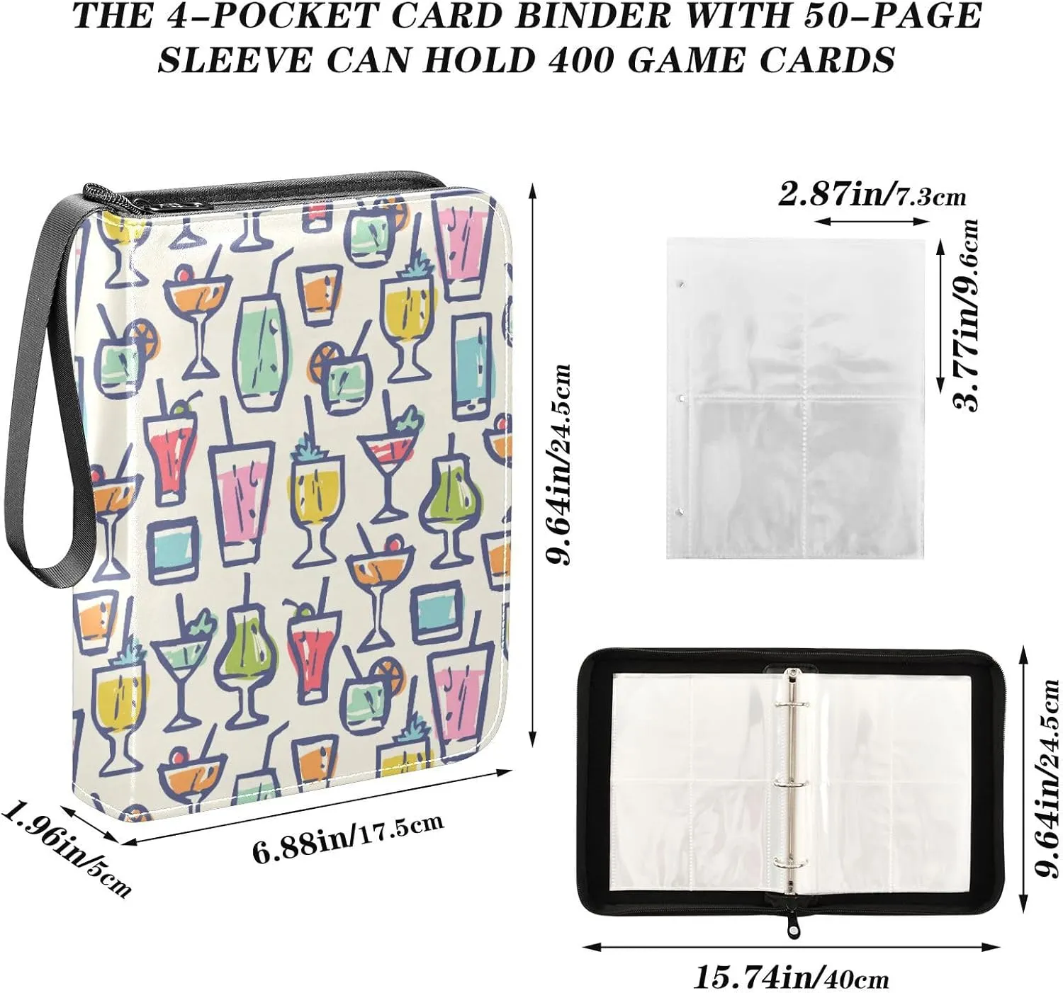 Exnundod Trading Card Binder for Cards Colorful Different Cocktails Card Album 4-Pockets 400 Cards Removable Sleeves PU Baseball Card Holder Football Sports Card Collection