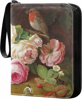 Exnundod 4 Pocket Trading Card Binder Spring Pink Flowers, PU Leather Card Collection Binder Birds Floral Colorful 400 Cards Organizer Binder Collectible Trading Card Albums for Sports Game Card
