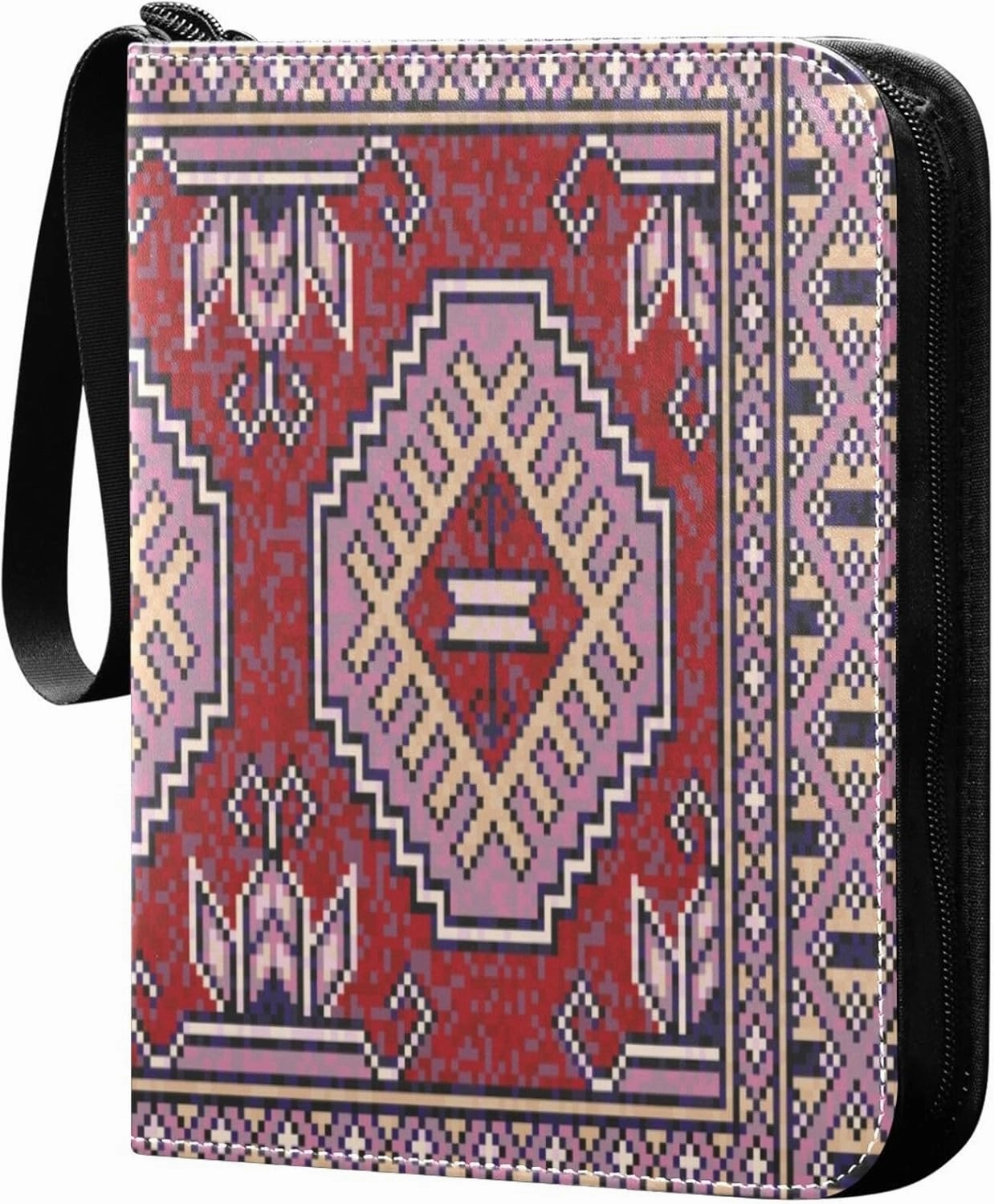 Exnundod Colorful Mosaic Bokhara Trading Card Binder for Cards, Traditional Folk Geometric Card Album 4-Pockets for 400 Cards with Removable Sleeves PU Baseball Card Holder Football Sports Card Colle