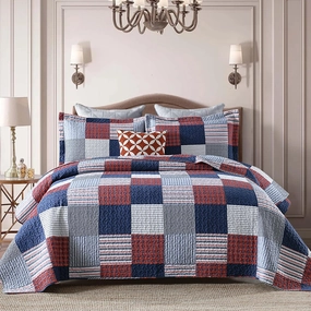 Finlonte Quilt King Size - 100% Cotton King Size Comforter Set Blue Red White Plaid Farmhouse Quilt Bedding Set, Reversible Lightweight Soft Bedspread, Quilted Coverlet All-Season, 3-Piece