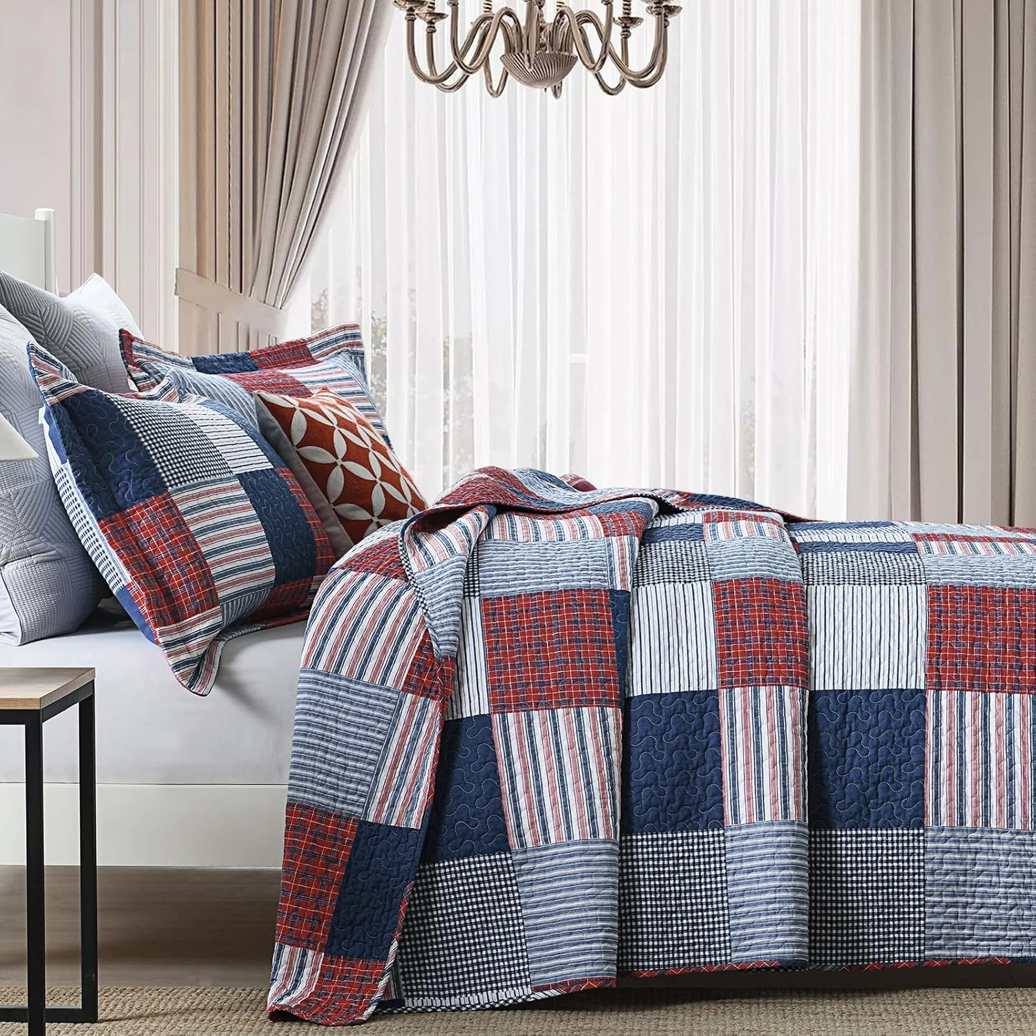 Finlonte Quilt King Size - 100% Cotton King Size Comforter Set Blue Red White Plaid Farmhouse Quilt Bedding Set, Reversible Lightweight Soft Bedspread, Quilted Coverlet All-Season, 3-Piece