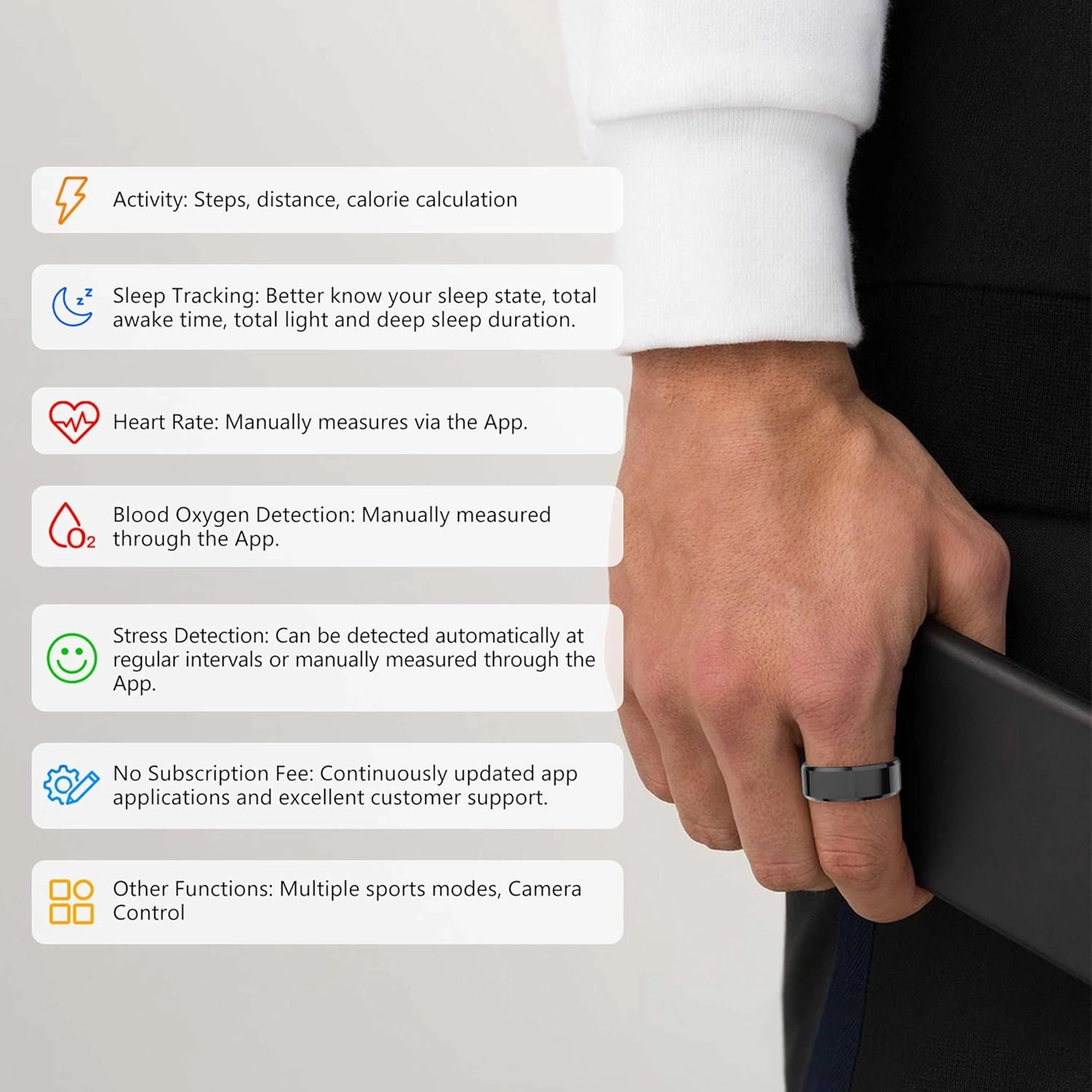 Fitness Tracker Smart Ring, Step Counter for Walking, Heart Rate Blood Oxygen Calorie Sleep Tracker Health Ring, IP68 Waterproof Design, Stainless Steel, 5-7 Days Battery Life(Black, US10)