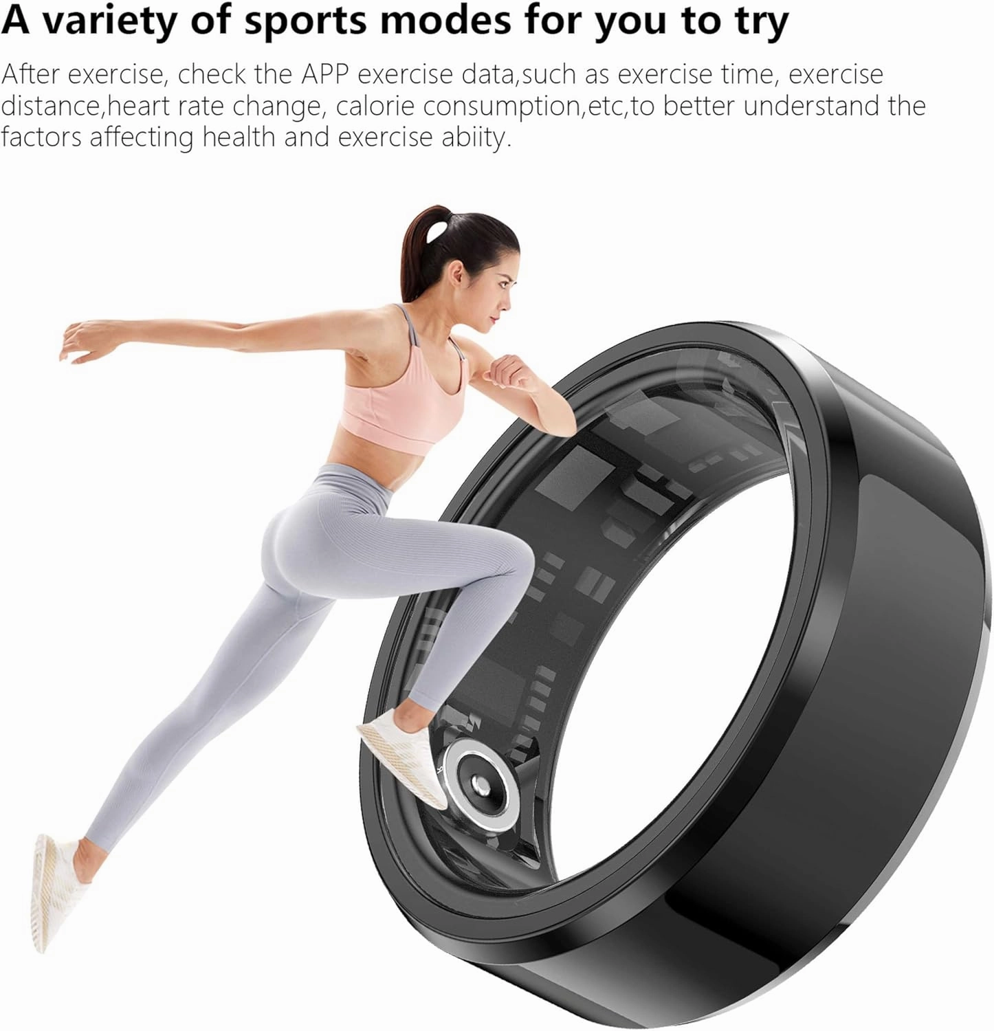 Fitness Tracker Smart Ring, Step Counter for Walking, Heart Rate Blood Oxygen Calorie Sleep Tracker Health Ring, IP68 Waterproof Design, Stainless Steel, 5-7 Days Battery Life(Black, US10)
