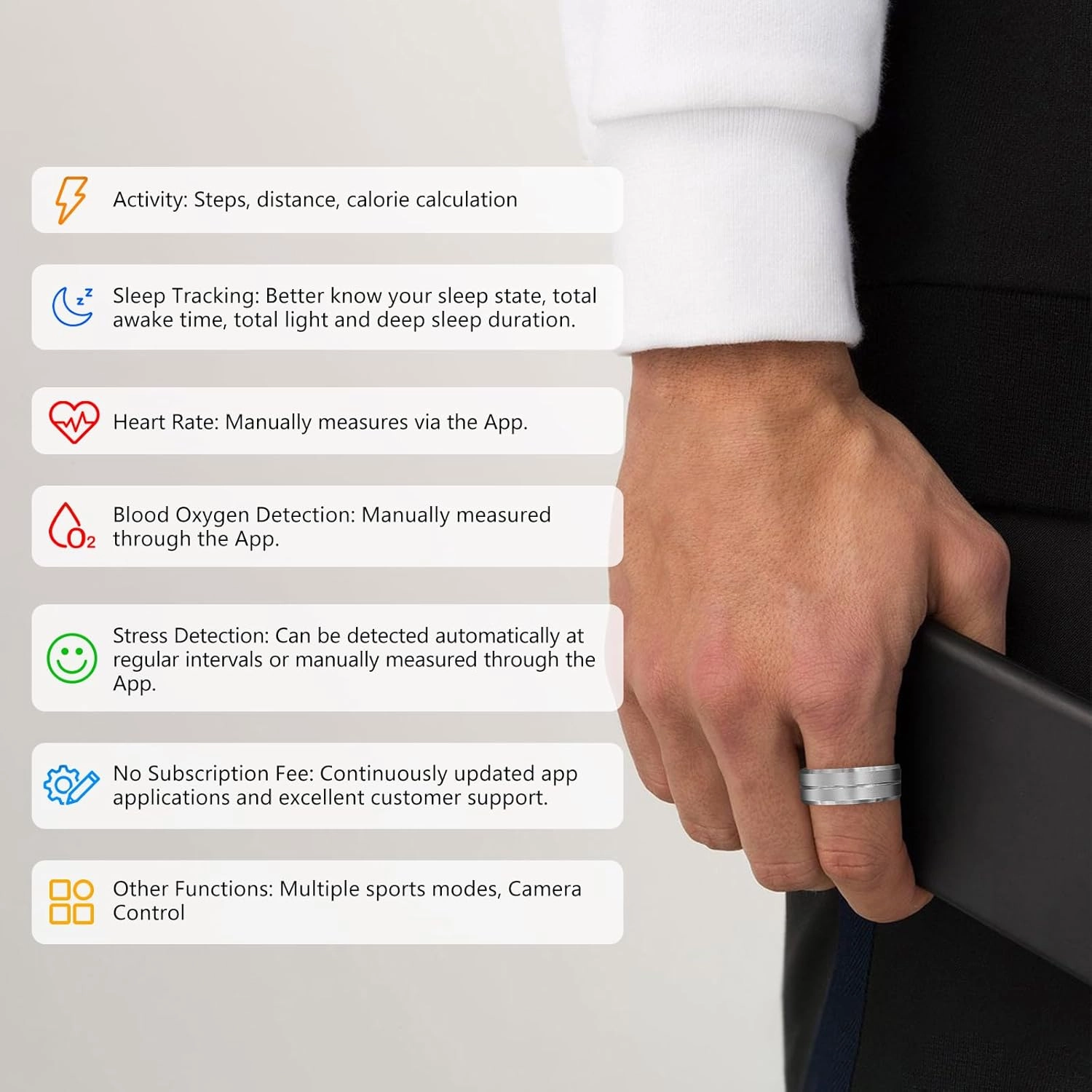 Fitness Tracker Smart Ring, Step Counter for Walking, Heart Rate Blood Oxygen Calorie Sleep Tracker Health Ring, IP68 Waterproof Design, Stainless Steel, 5-7 Days Battery Life, Silver