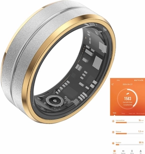 Fitness Tracker Smart Ring, Step Counter for Walking, Heart Rate Blood Oxygen Calorie Sleep Tracker Health Ring, IP68 Waterproof Design, Stainless Steel, 5-7 Days Battery Life, Silver   Side Gold