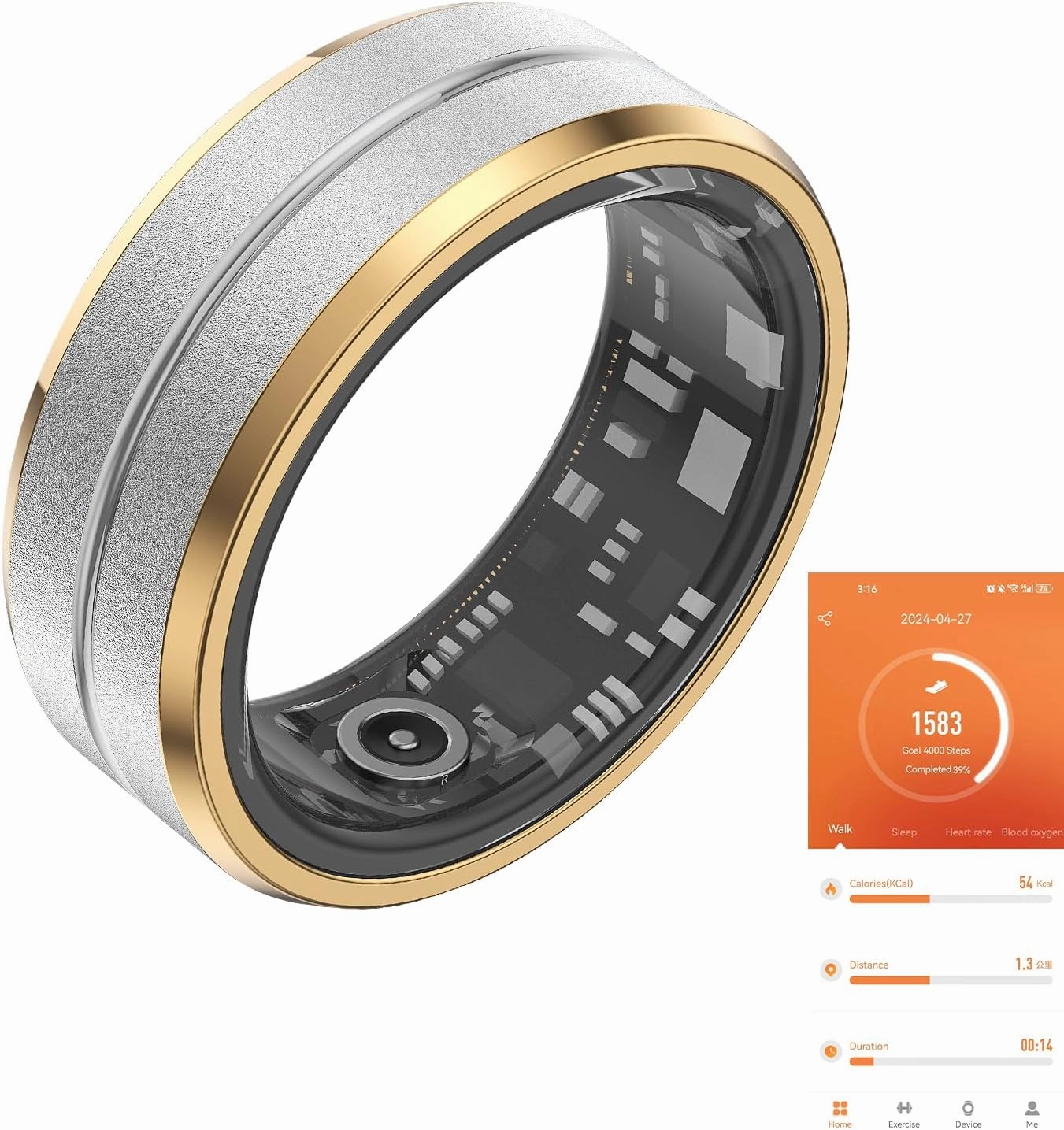 Fitness Tracker Smart Ring, Step Counter for Walking, Heart Rate Blood Oxygen Calorie Sleep Tracker Health Ring, IP68 Waterproof Design, Stainless Steel, 5-7 Days Battery Life, Silver   Side Gold
