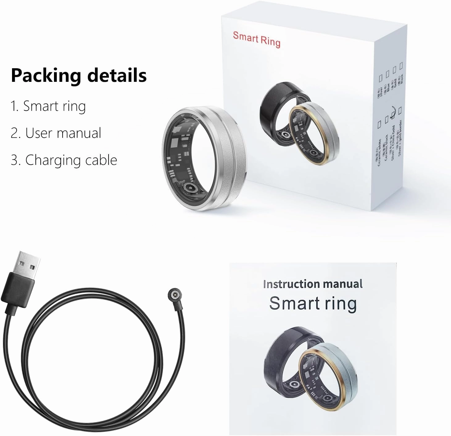 Fitness Tracker Smart Ring, Step Counter for Walking, Heart Rate Blood Oxygen Calorie Sleep Tracker Health Ring, IP68 Waterproof Design, Stainless Steel, 5-7 Days Battery Life, Silver