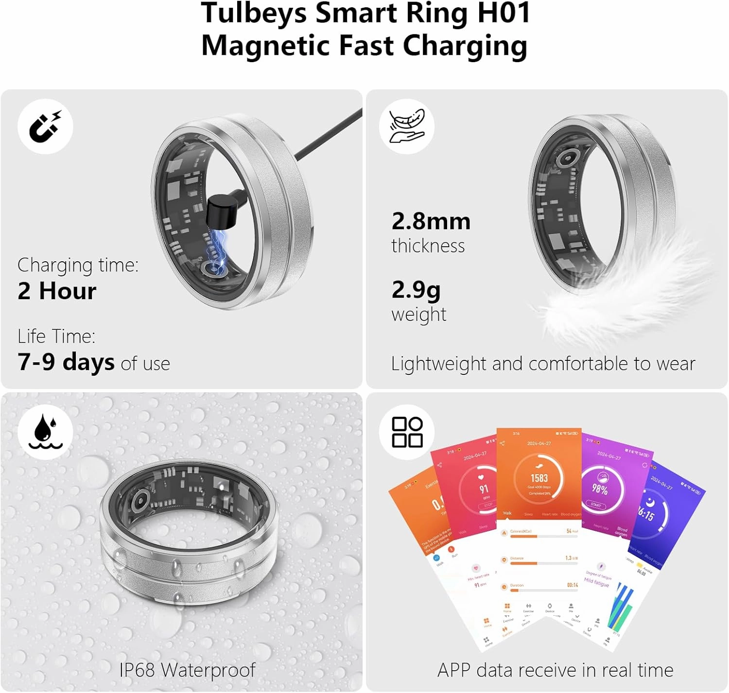 Fitness Tracker Smart Ring, Step Counter for Walking, Heart Rate Blood Oxygen Calorie Sleep Tracker Health Ring, IP68 Waterproof Design, Stainless Steel, 5-7 Days Battery Life, Silver