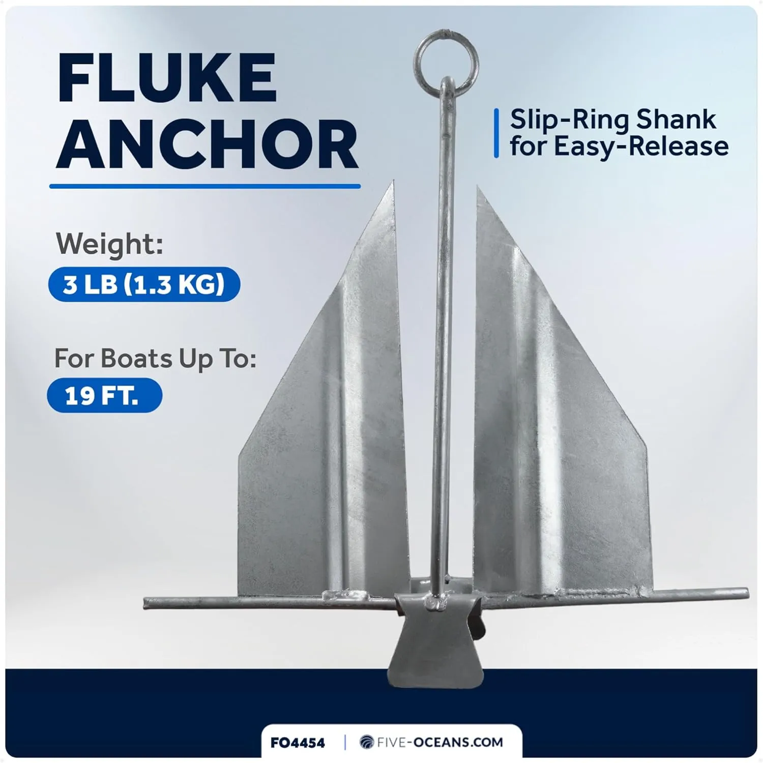 Five Oceans Fluke Boat Anchor, Galvanized Steel, Slip Ring, Heavy-Duty Boat Anchors for Kayak, Dinghy, Paddleboard, Canoe, Personal Watercraft - Multiple Sizes