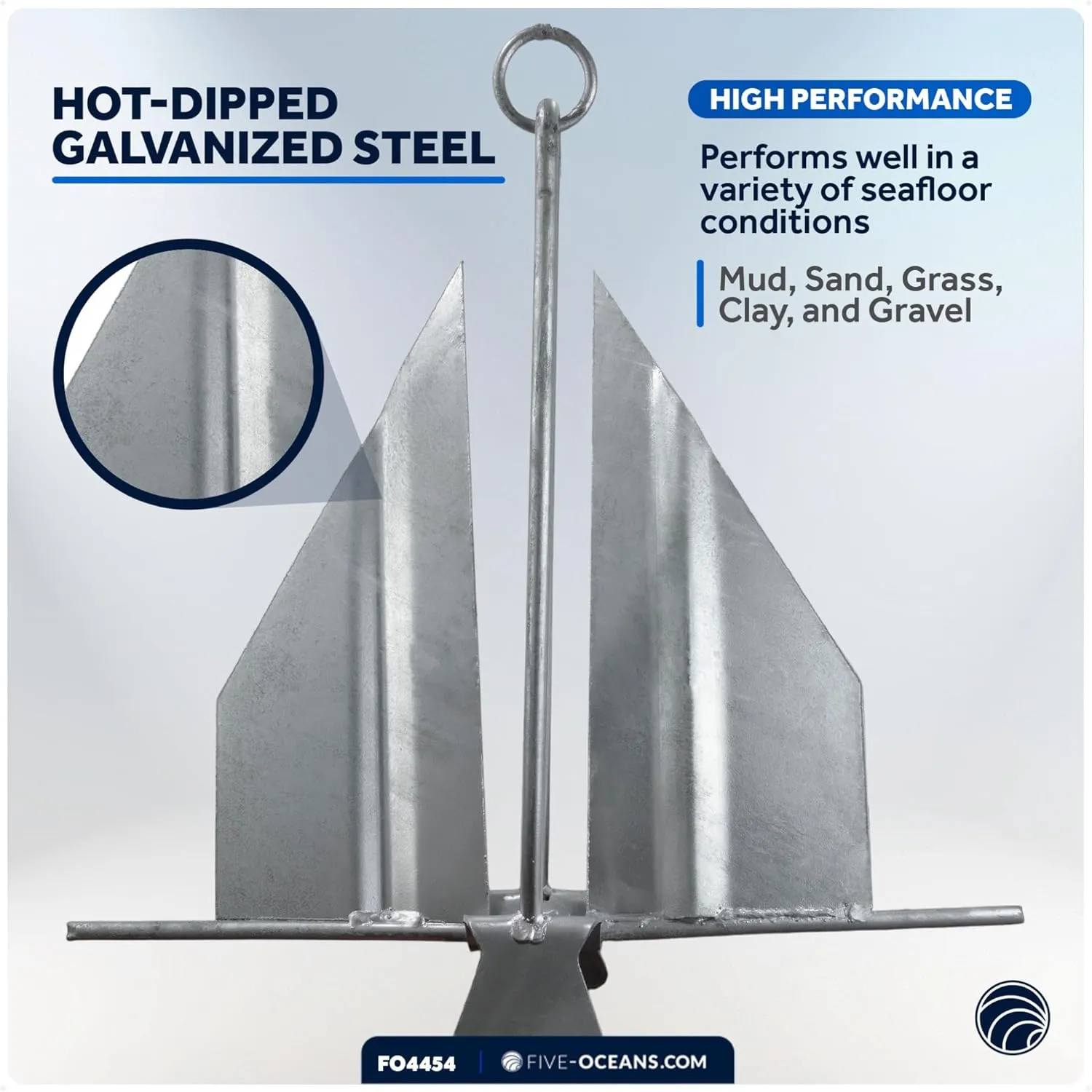 Five Oceans Fluke Boat Anchor, Galvanized Steel, Slip Ring, Heavy-Duty Boat Anchors for Kayak, Dinghy, Paddleboard, Canoe, Personal Watercraft - Multiple Sizes