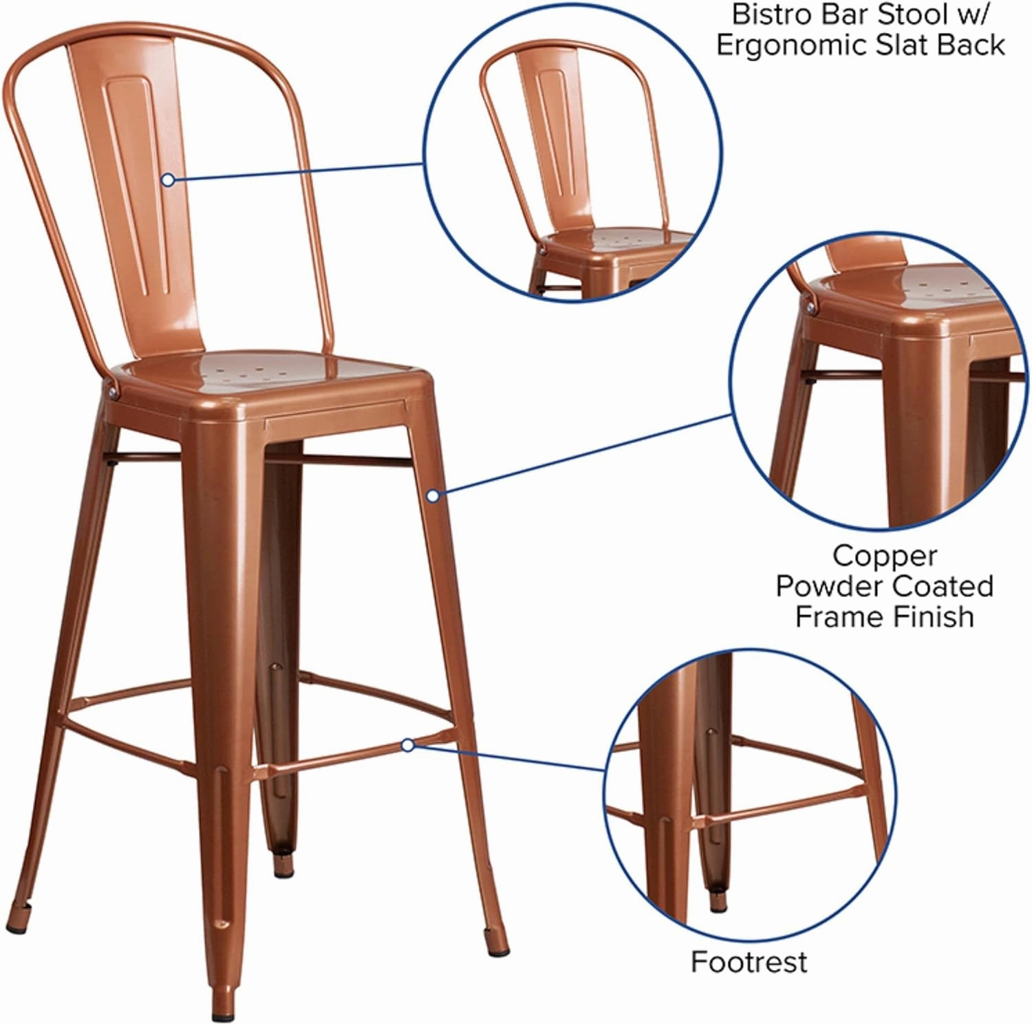Flash Furniture Commercial Grade 30" High Copper Metal Indoor-Outdoor Barstool with Back
