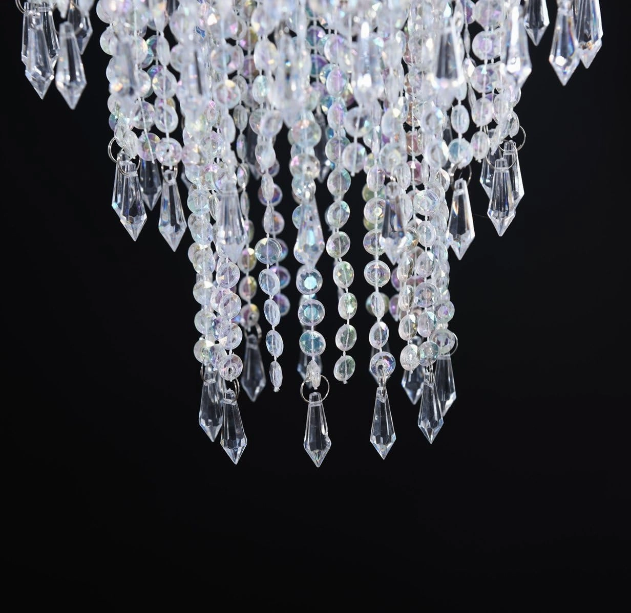 FlavorThings Modern Chrome Beaded Hanging Chandelier (W10.25 x H20”)，3 Tiers Beads Pendant Shade, Ceiling Chandelier Beaded Lampshade with Acrylic Jewel Droplets (Crystal Iridescent)