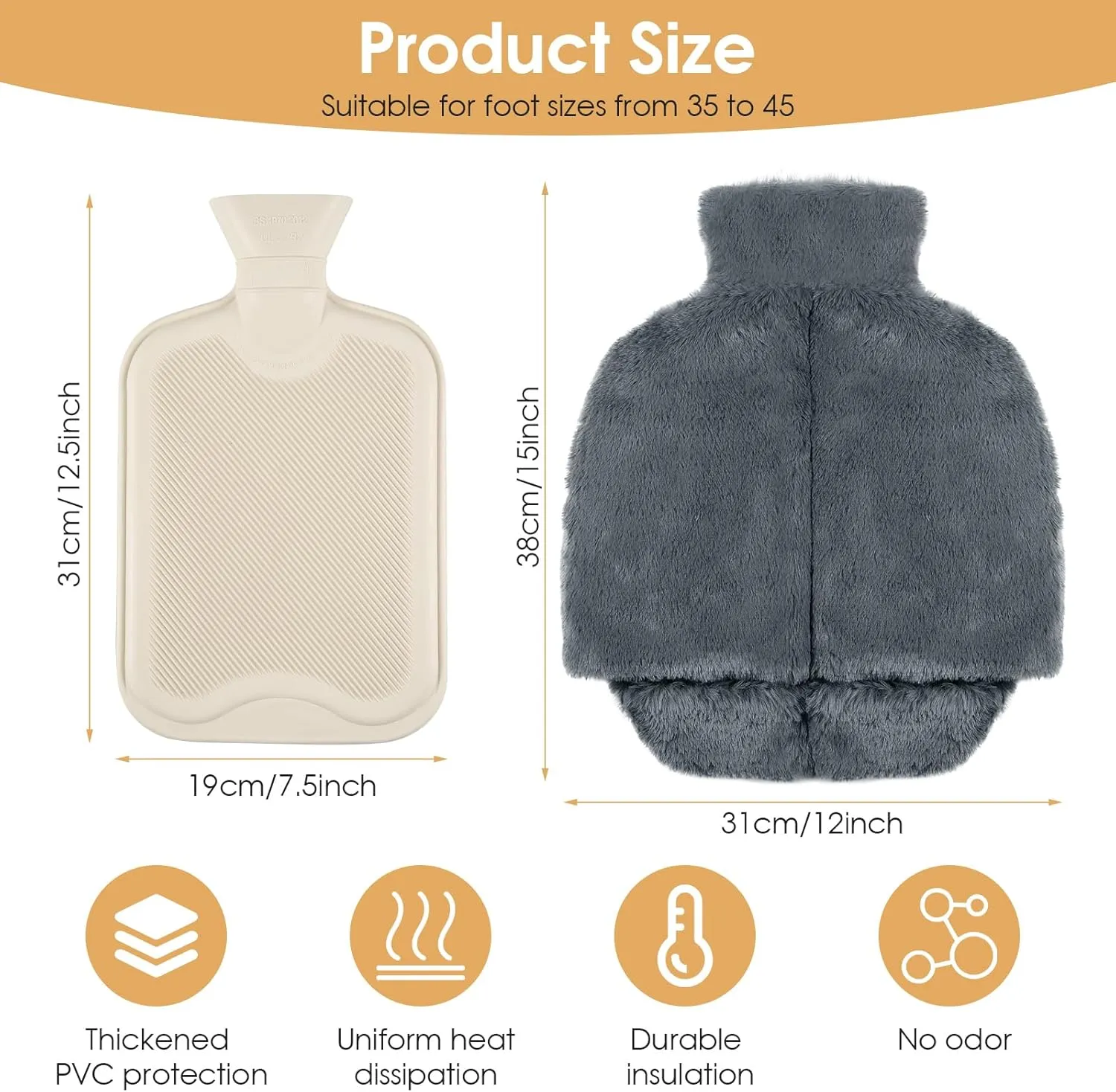 Foot Warmer,2L Heated Feet Warmer with Removeable & Washable Plush Cover Warm in Winter,Heated Feet Warmers for Feet Pain Relief,Natural Rubber for Women and Men,Size 35 to 45 (Dark Grey)