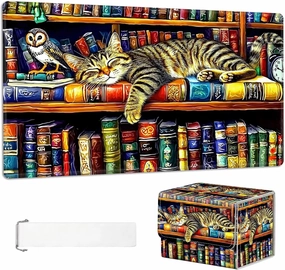 for Mtg Deck Box & Mtg Playmat, Tabby Cat Colorful Bookshelves Versatile Trading Card Storage Box Solution and Card Sleeves, Keep Your Cards Organized and Protected