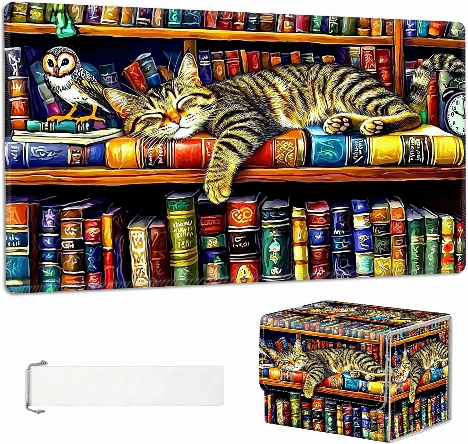 for Mtg Deck Box & Mtg Playmat, Tabby Cat Colorful Bookshelves Versatile Trading Card Storage Box Solution and Card Sleeves, Keep Your Cards Organized and Protected
