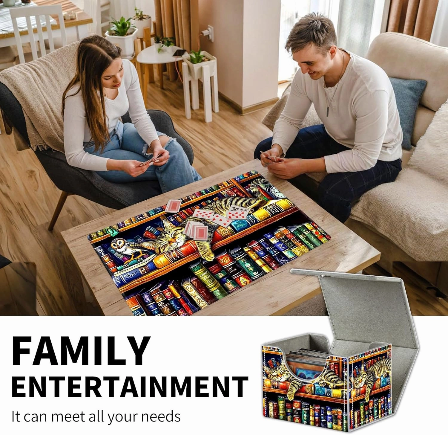 for Mtg Deck Box & Mtg Playmat, Tabby Cat Colorful Bookshelves Versatile Trading Card Storage Box Solution and Card Sleeves, Keep Your Cards Organized and Protected