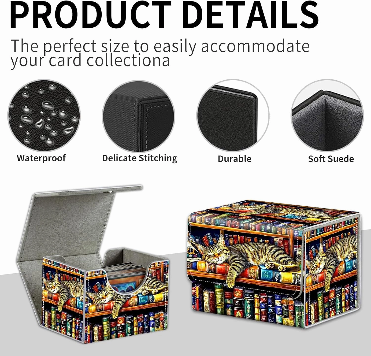 for Mtg Deck Box & Mtg Playmat, Tabby Cat Colorful Bookshelves Versatile Trading Card Storage Box Solution and Card Sleeves, Keep Your Cards Organized and Protected