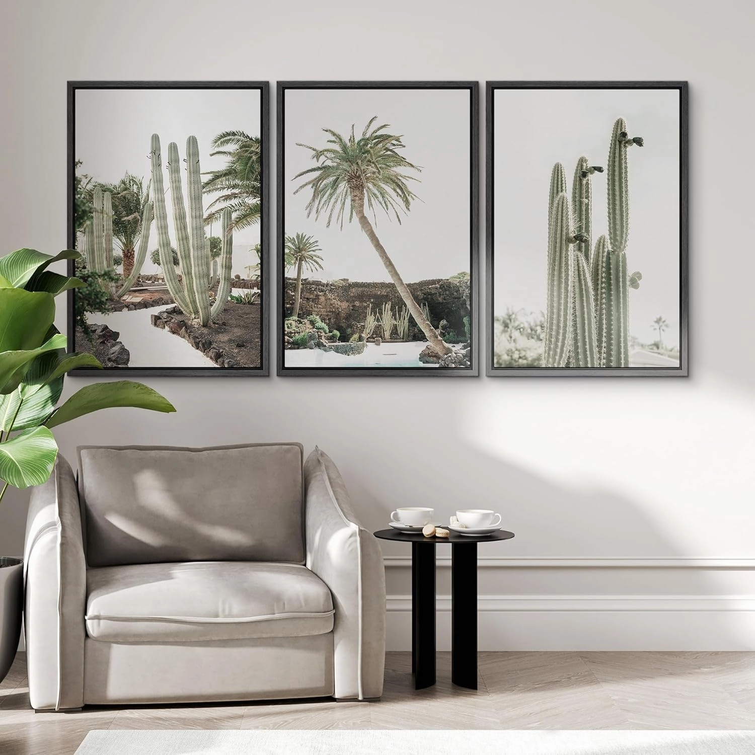 Framed Canvas Print Wall Art Set Emerald Green Cactus Palm Tree Desert Landscape Nature Wilderness Photography Modern Art Decorative Minimalist Floral Botanical for Bedroom - 24"x36"x3 Black