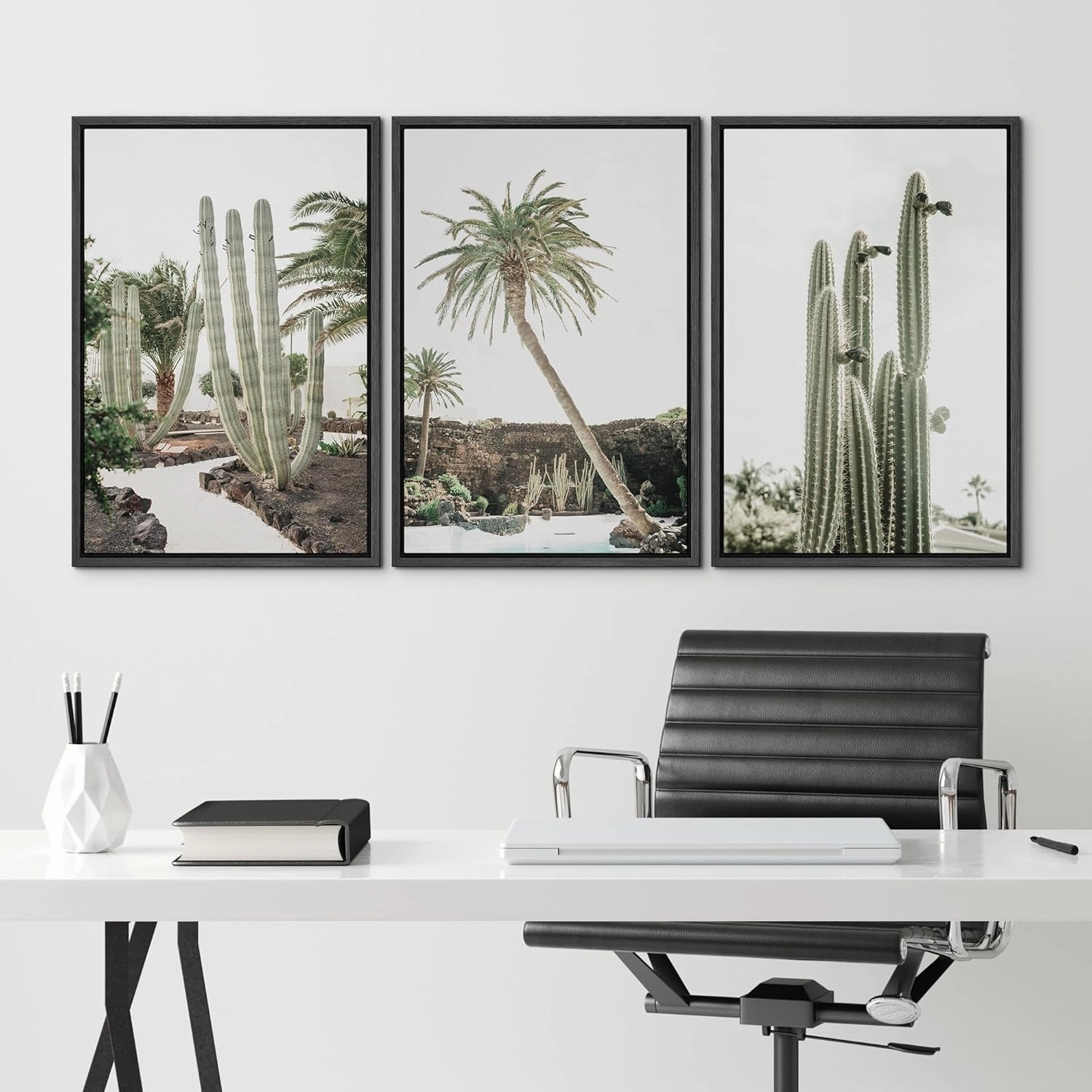 Framed Canvas Print Wall Art Set Emerald Green Cactus Palm Tree Desert Landscape Nature Wilderness Photography Modern Art Decorative Minimalist Floral Botanical for Bedroom - 24"x36"x3 Black