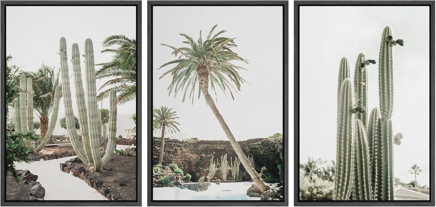 Framed Canvas Print Wall Art Set Emerald Green Cactus Palm Tree Desert Landscape Nature Wilderness Photography Modern Art Decorative Minimalist Floral Botanical for Bedroom - 24"x36"x3 Black