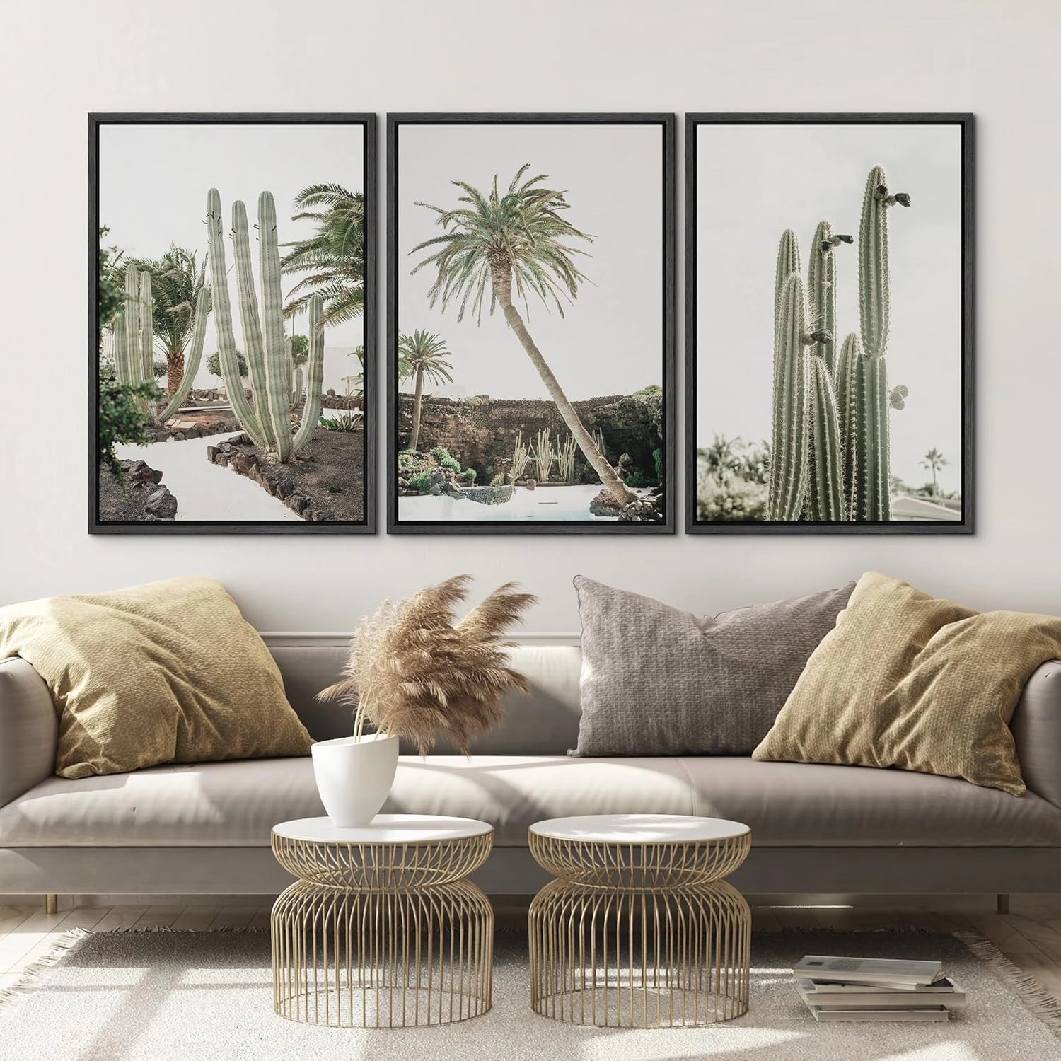 Framed Canvas Print Wall Art Set Emerald Green Cactus Palm Tree Desert Landscape Nature Wilderness Photography Modern Art Decorative Minimalist Floral Botanical for Bedroom - 24"x36"x3 Black