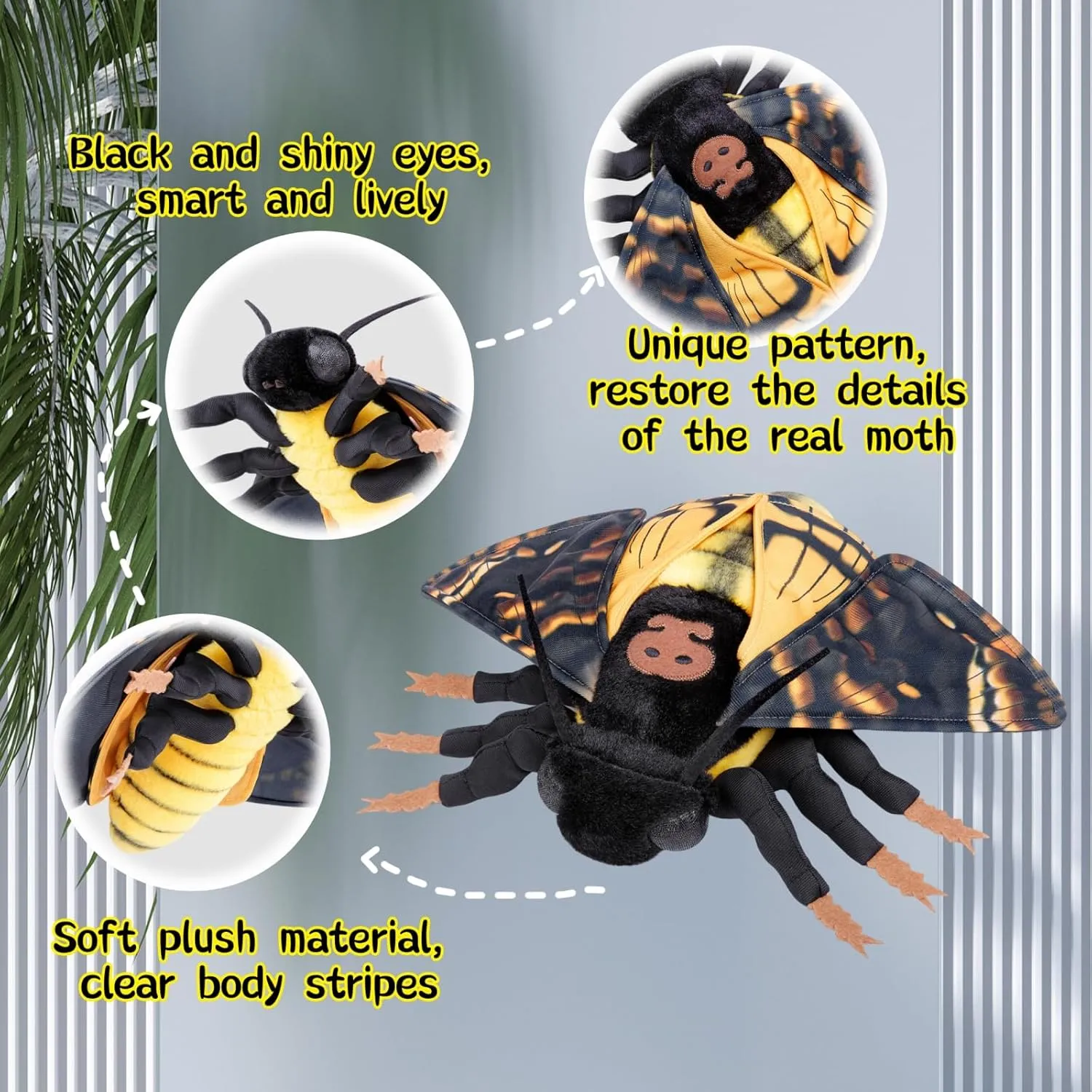 FRANKIEZHOU Simulation Deaths Head Hawk Moth Stuffed Animal-Yellow 14",Lifelike Death's-Head Hawkmoth Plush Toy, Moth Toy,Gifts for Kids,Home Decor