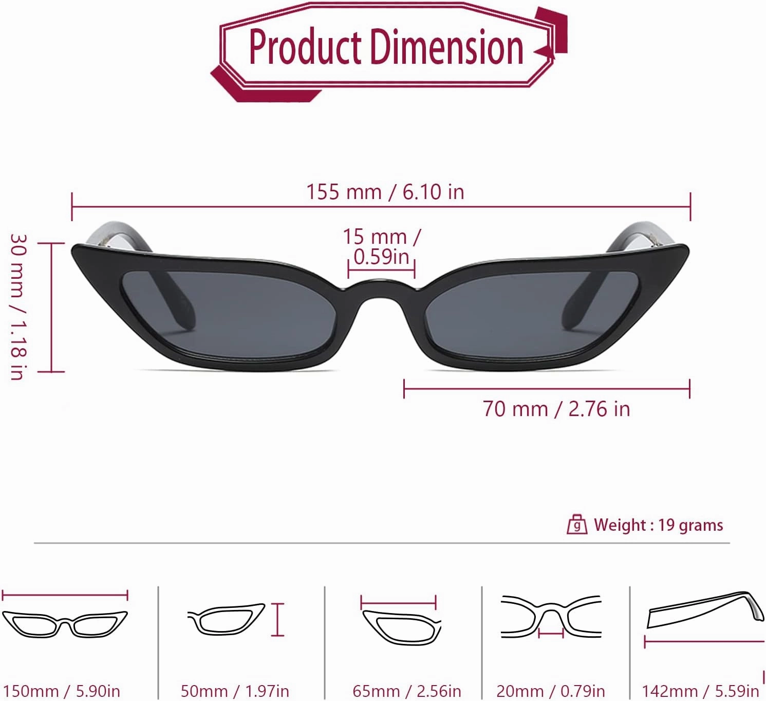 Freckles Mark 90s Vintage Retro Narrow Cat Eye Sunglasses for Women Small Fashion Sun Glasses